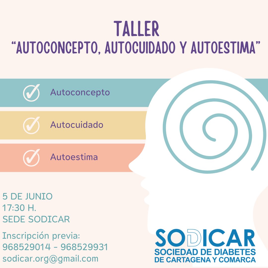Sodicar's tweet image. Continuamos con los talleres diseñados por nuestra colaboradora, Ana Zafra, psicóloga de adultos.
Taller: “AUTOCONCEPTO, AUTOCUIDADO Y AUTOESTIMA”
Día: 5 de junio
Hora: 17:30
Lugar: SODICAR
Inscripciones:
968529014 – 968529931
sodicar.org@gmail.com
¡Os esperamos!