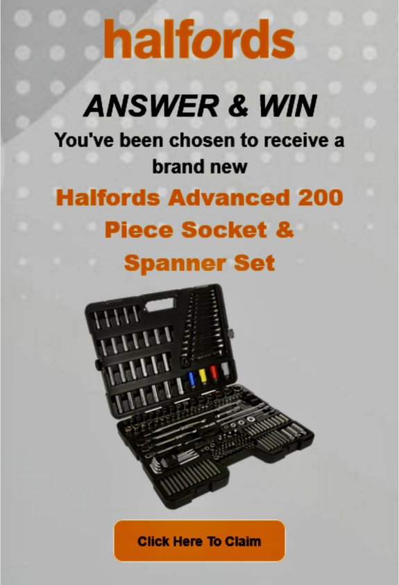bhamts's tweet photo. #ScamAlert watch out for this #scam email circulating purporting to be Halfords offering toolset to answer questions. Don't click on  link or give your personal details. #ScamAware #BrumTS @Halfords_uk https://t.co/87kbi1lhO4