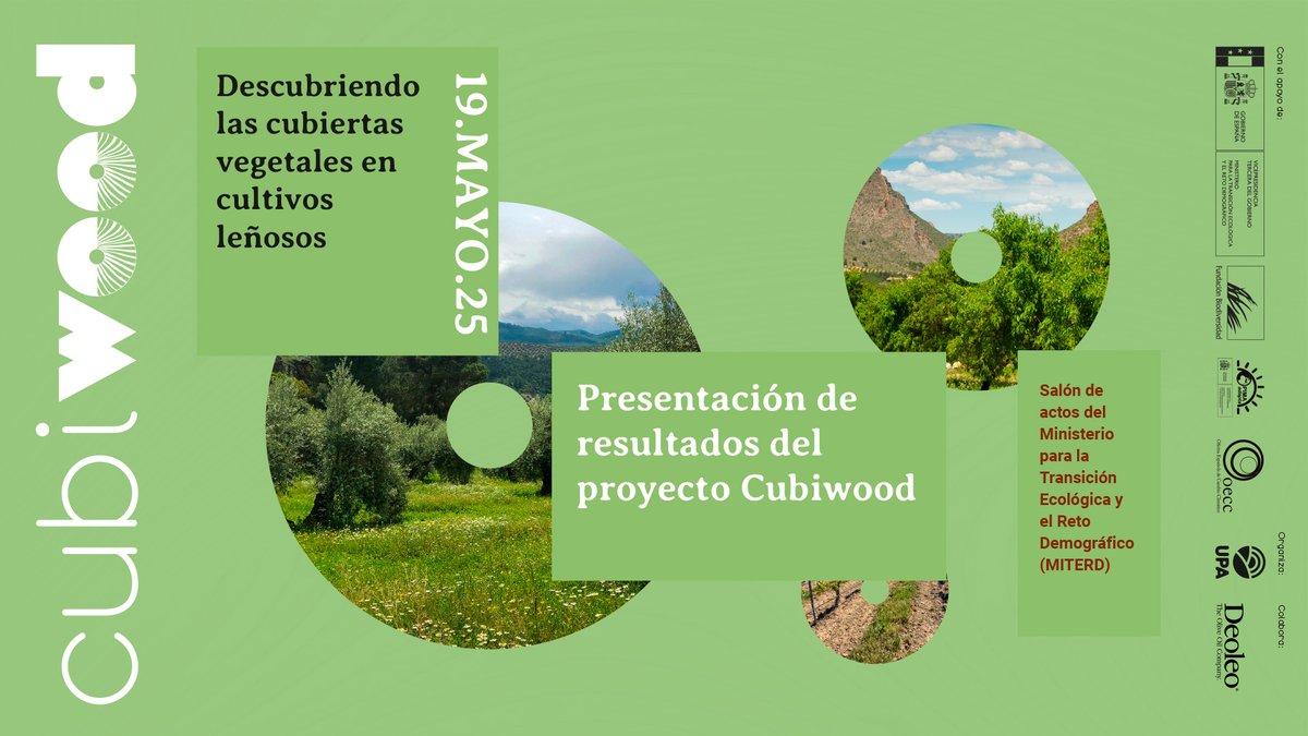 ❗ Hoy presentamos los resultados de nuestro Proyecto #Cubiwood en el <a href="/mitecogob/">Transición Ecológica y Reto Demográfico</a>. 
¿Pueden las cubiertas vegetales en cultivos leñosos beneficiar a nuestras explotaciones, a nuestros suelos y al medio ambiente? Hoy lo comprobaremos. 
Con la colaboración de la <a href="/FBiodiversidad/">Fundación Biodiversidad</a>