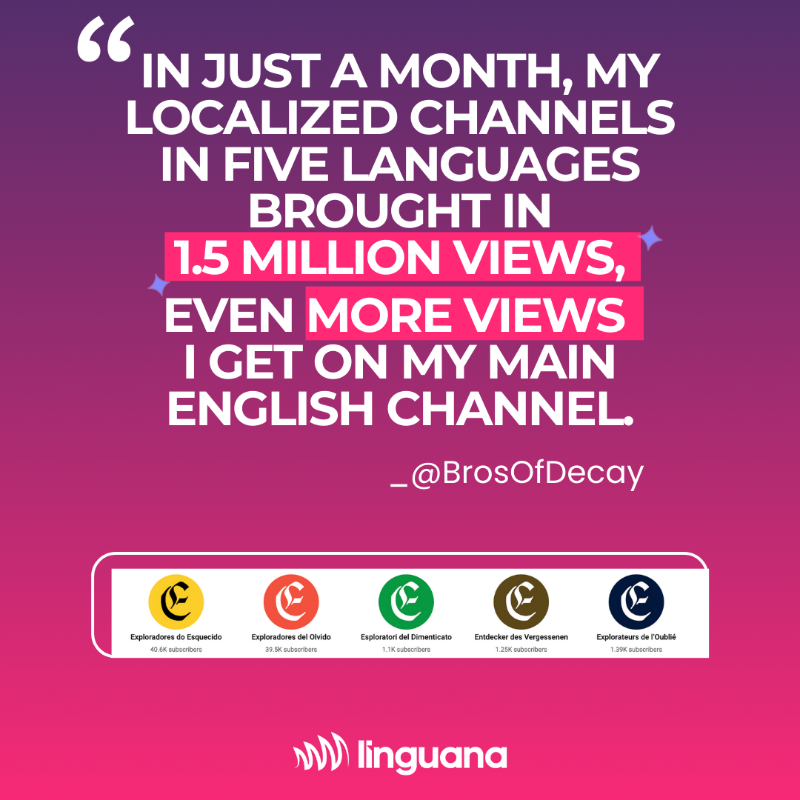 linguana_HQ's tweet photo. 1.5M views in 1 month - from new language channels alone. 
@brosofdecay partnered with Linguana to bring their stunning urban exploration videos to fans in 5 new languages.
Result? More views. More revenue. No extra work
#CreatorEconomy #YouTubeLocalization