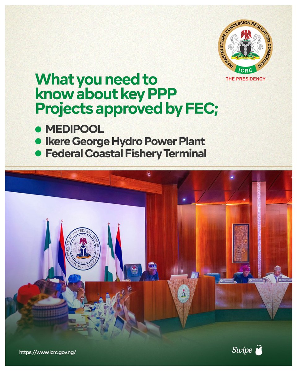 icrcng's tweet photo. Era of PPP infrastructure delivery continued as FEC approves:
MEDIPOOL (health supply chain revamp), Ikere Gorge Hydropower (clean energy &amp; water), Fishery Terminal, Borokiri (blue economy boost),  under @officialabat's #RenewedHope  

What you need to know about these projects: https://t.co/tg6OX45IvY