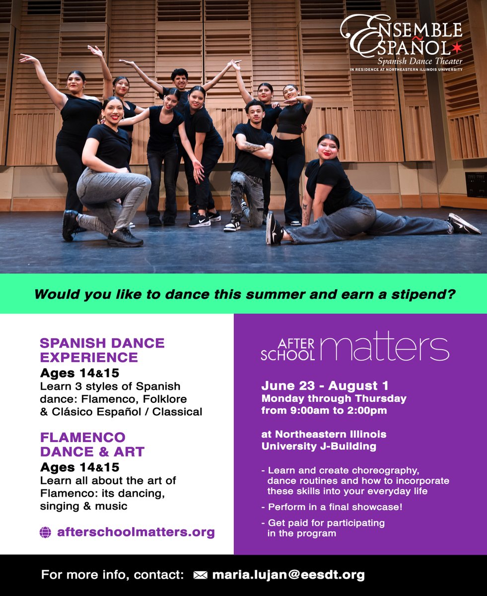 Ensemble Español (@ensembleespanol) on Twitter photo 🎉 Exciting news for Chicago teens! Would you like to dance this summer and earn a stipend?
📲 Apply here: afterschoolmatters.org/apply/
This summer, Ensemble Español teams up with After School Matters to offer TWO amazing programs!
✉️ Contact: maria.lujan@eesdt.org 🎉 Exciting news for Chicago teens! Would you like to dance this summer and earn a stipend?
📲 Apply here: afterschoolmatters.org/apply/
This summer, Ensemble Español teams up with After School Matters to offer TWO amazing programs!
✉️ Contact: maria.lujan@eesdt.org