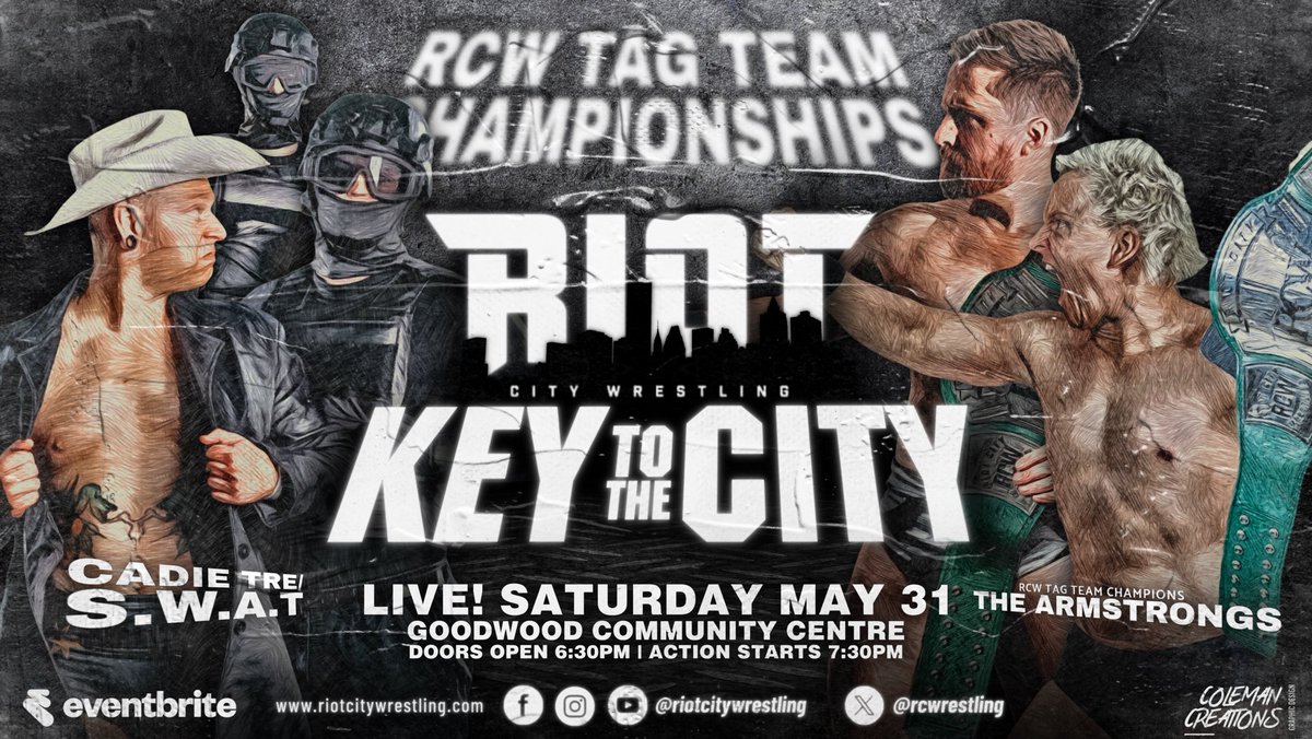 Riot City Wrestling (@rcwrestling) on Twitter photo The Armstrongs put the #RCW Tag Team Championships on the line for the first time against Cadie Tre and his S.W.A.T at Key to the City!
๐ซ Tickets officially on sale at <a href="/eventbrite/">Eventbrite</a> NOW!
๐ rcwkeytothecity2025.eventbrite.com.au
#RCWKTTC
๐๏ธ Saturday May 31st
๐32/34 Rosa St, Goodwood SA The Armstrongs put the #RCW Tag Team Championships on the line for the first time against Cadie Tre and his S.W.A.T at Key to the City!
๐ซ Tickets officially on sale at <a href="/eventbrite/">Eventbrite</a> NOW!
๐ rcwkeytothecity2025.eventbrite.com.au
#RCWKTTC
๐๏ธ Saturday May 31st
๐32/34 Rosa St, Goodwood SA