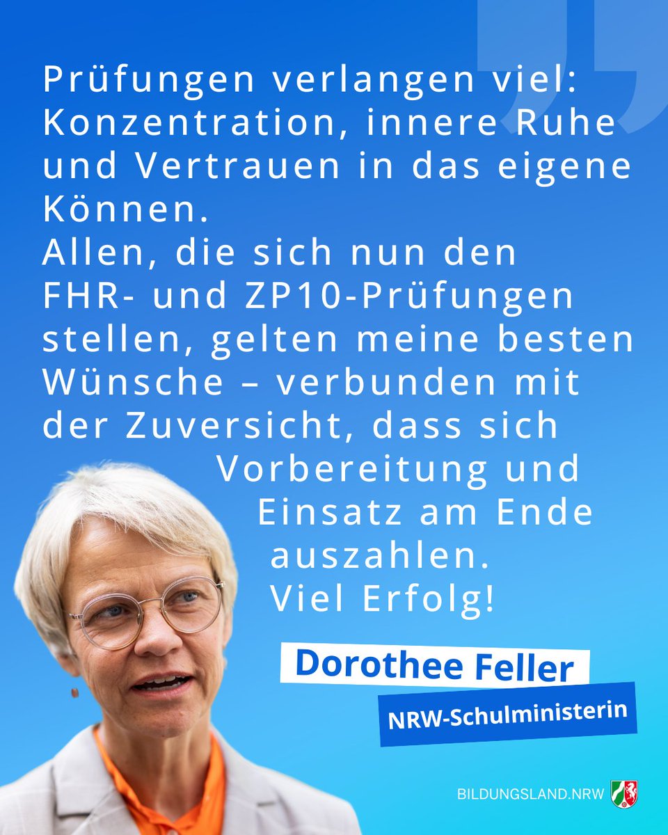 BildungslandNRW's tweet photo. Mit Beginn der Prüfungen zur #Fachhochschulreife und kurz vor der #ZP10-Prüfungsphase sendet Schulministerin Dorothee Feller allen Prüflingen viel Erfolg. ⤵️
🍀 #ToiToiToi #DaumenDrücken
1/2 https://t.co/okka26pX33
