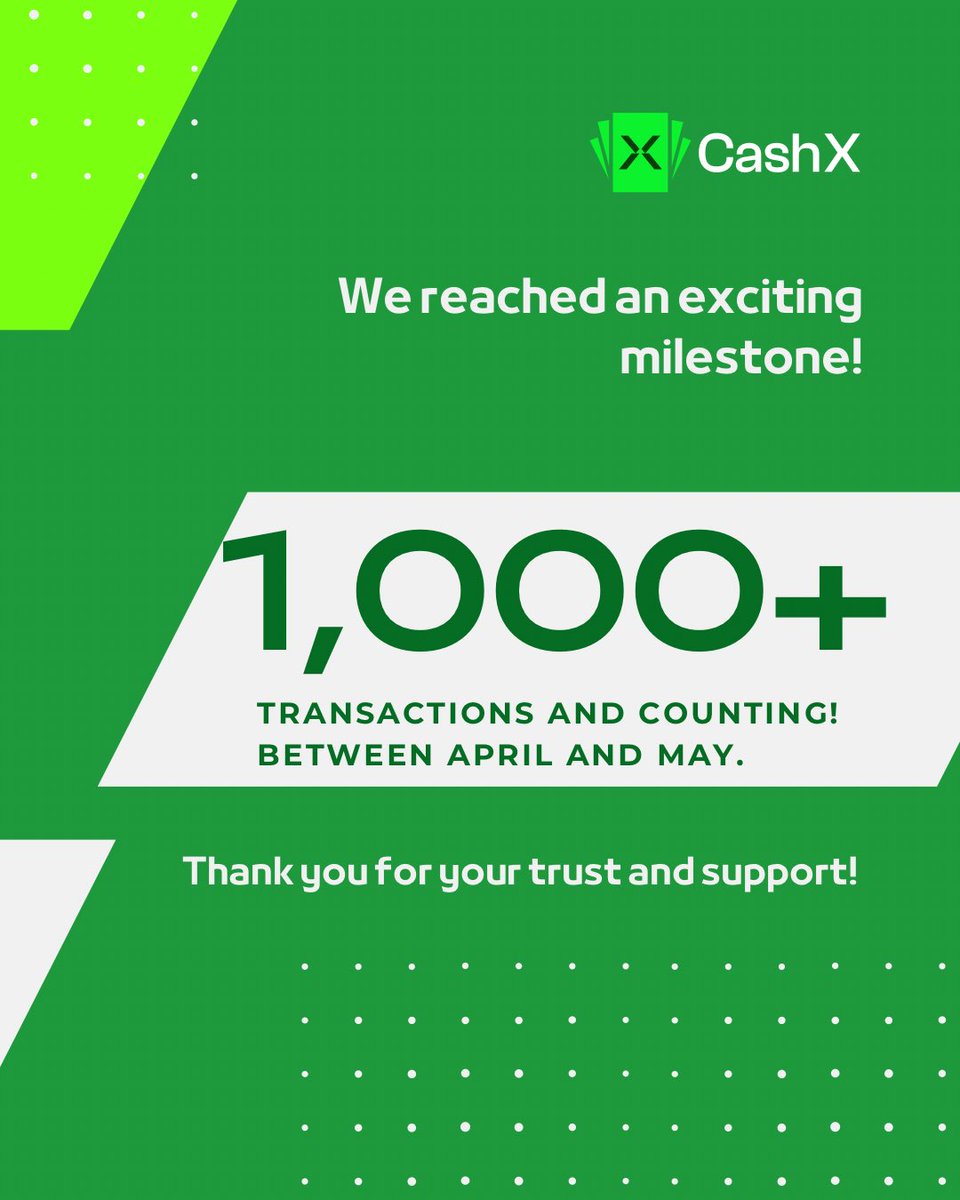 CashX_ng's tweet photo. 1,000 Transactions and Counting!🎉

Between April and May, we reached an exciting milestone—1,000 successful transactions on our platform!

To our amazing users: thank you for your trust, your support, and for being part of this journey.

#1000Transactions #FintechGrowth #cashx https://t.co/6Om5jSDkQd