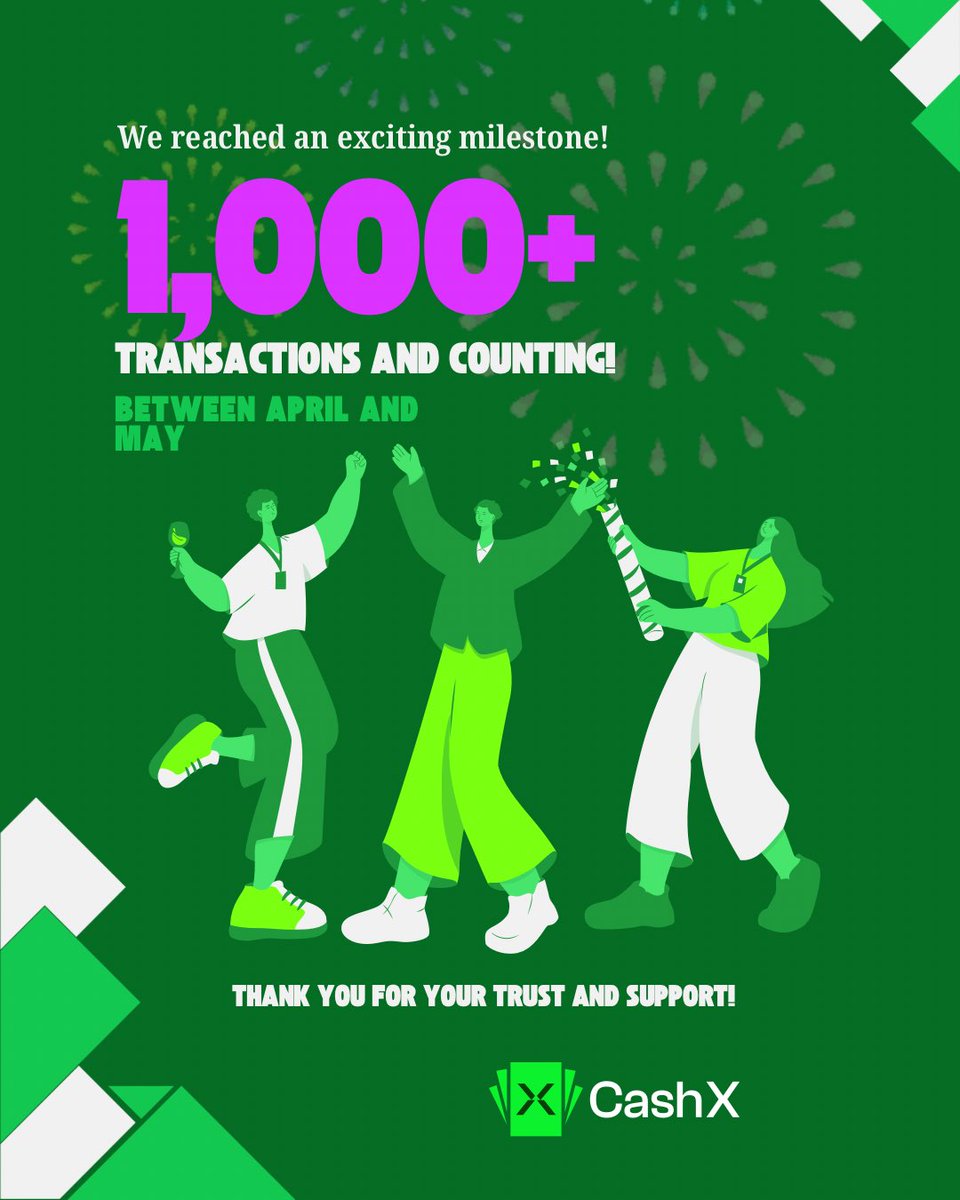 CashX_ng's tweet photo. 1,000 Transactions and Counting!🎉

Between April and May, we reached an exciting milestone—1,000 successful transactions on our platform!

To our amazing users: thank you for your trust, your support, and for being part of this journey.

#1000Transactions #FintechGrowth #cashx https://t.co/6Om5jSDkQd