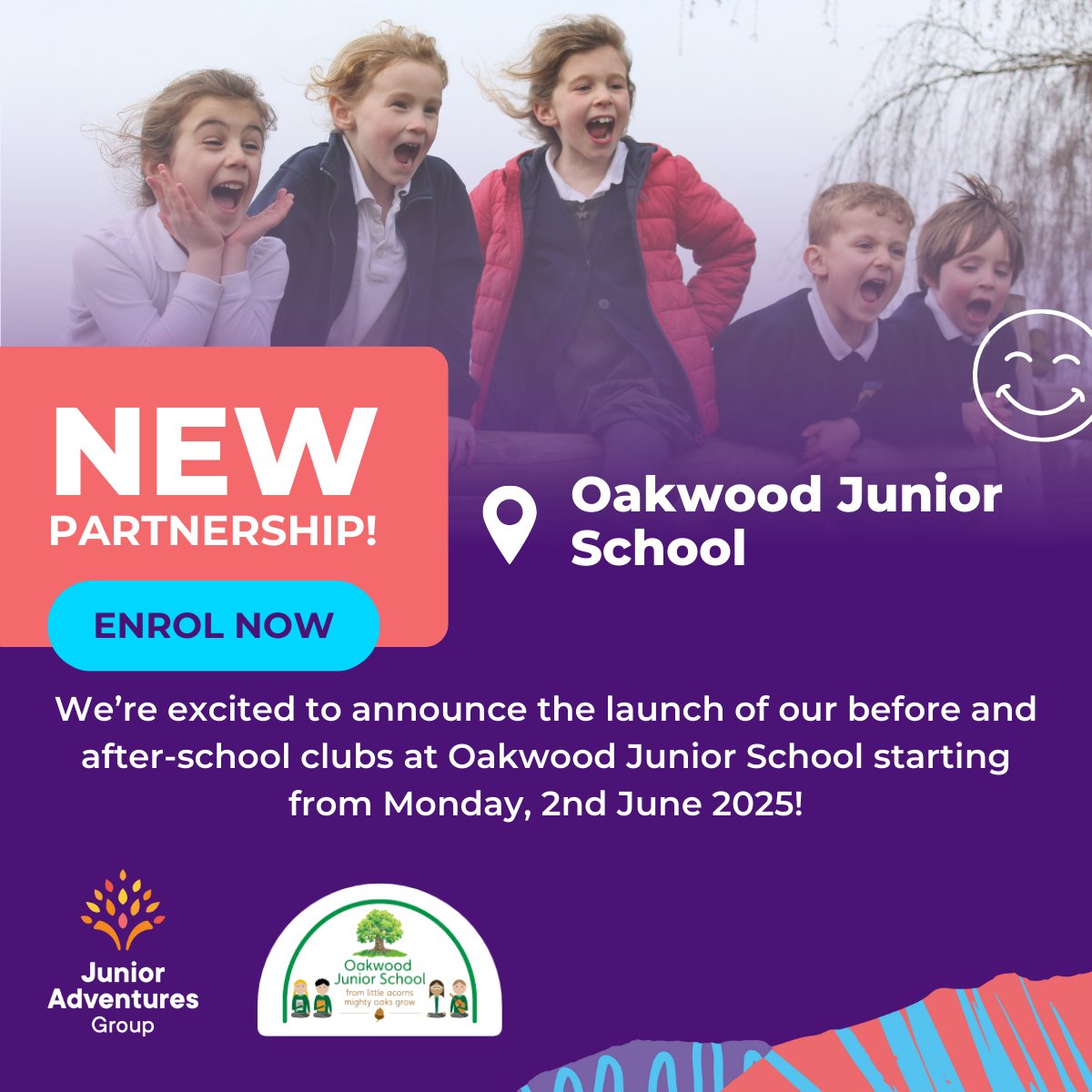 We're excited to be delivering our Rise then Shine &amp; Stay and Play clubs at <a href="/Oakwood_Juniors/">Oakwood Junior School</a> every day throughout the academic year starting from Monday, 2nd June!

Find out more and enrol today at junioradventuresgroup.co.uk/find-us/oakwoo…

Claim a free session using code TRYOAKWOODJUN
