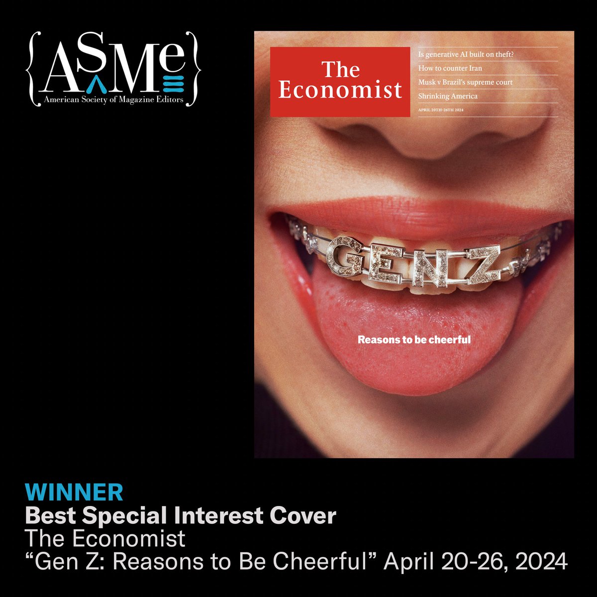 Javier Jaén Studio (@javierjaenb) on Twitter photo Very happy to share that our cover “Gen Z: Reasons to Be Cheerful” for The Economist <a href="/TheEconomist/">The Economist</a> has won Best Special Interest Cover at the American Society of Magazine Editors Awards @asme1963
Thank you to the jury and to Ben Shmulevitch for the trust and collaboration. ✨ Very happy to share that our cover “Gen Z: Reasons to Be Cheerful” for The Economist <a href="/TheEconomist/">The Economist</a> has won Best Special Interest Cover at the American Society of Magazine Editors Awards @asme1963
Thank you to the jury and to Ben Shmulevitch for the trust and collaboration. ✨