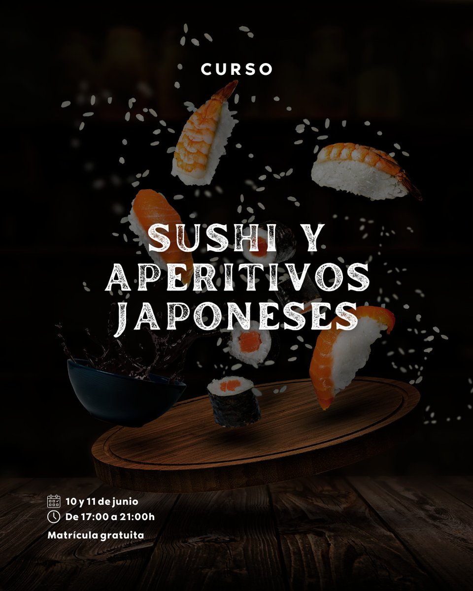 Este curso es para cocineros y jefes de cocina que quieran aprender a preparar sushi y aperitivos japoneses.

Del 10 y 11 de junio de 17:00 a 21:00 h.

💸 Matrícula gratuita

🔗Inscripciones en nuestra web cctmurcia.es/es/cursos_cct 

#SoyCCT #CCTMurcia #formacion #curso #sushi
