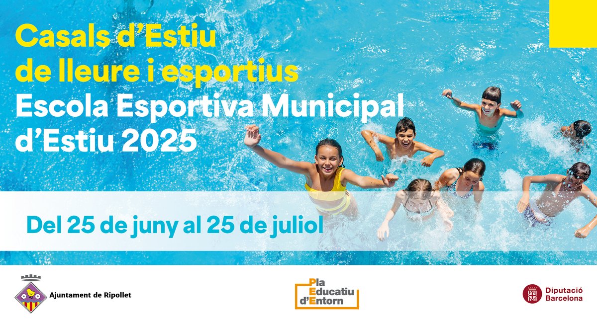Obertes les inscripcions per a l'𝗘𝘀𝗰𝗼𝗹𝗮 𝗘𝘀𝗽𝗼𝗿𝘁𝗶𝘃𝗮 𝗱'𝗘𝘀𝘁𝗶𝘂!
📅 Del 19 al 30 de maig.
 
L'Ajuntament de Ripollet ofereix enguany 180 places per a infants i joves de 5 a 14 anys, del 25 de juny al 25 de juliol, de 9.30 a 13.30 h.
ripollet.cat/serveis/esport…