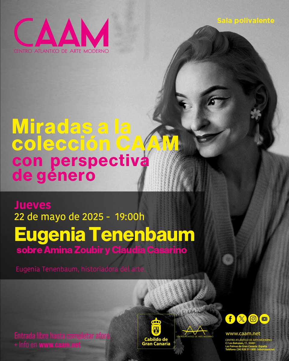La historiadora del arte Eugenia Tenenbaum  protagoniza una nueva edición del ciclo ‘Miradas a la #ColecciónCAAM con perspectiva de género’, en la que hablará sobre dos obras, de la artista argelina Amina Zoubir y de la paraguaya Claudia Casarino.

+Info:  caam.net/.../miradas-a-…