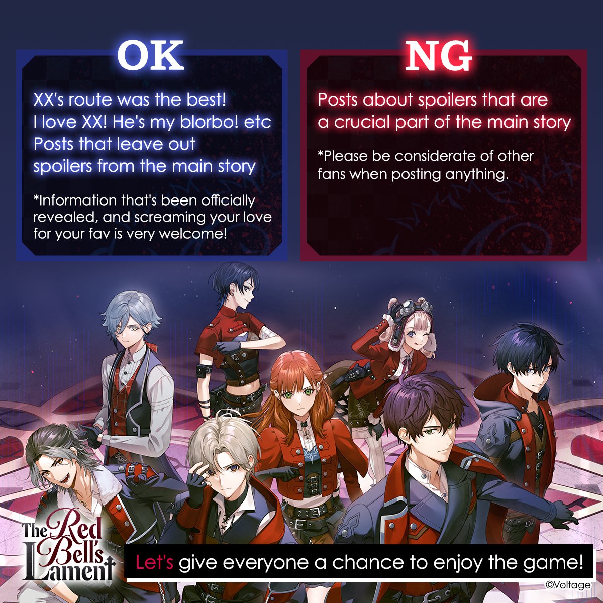 ◤◢◤⚠ No Spoilers Please!🦇◢◤◢

Please refrain from posting any spoilers for one month after release so everyone can have the chance to enjoy "The Red Bell's Lament."

Check out the image for details!
We'd really appreciate your consideration!

#RBL #AmuLit