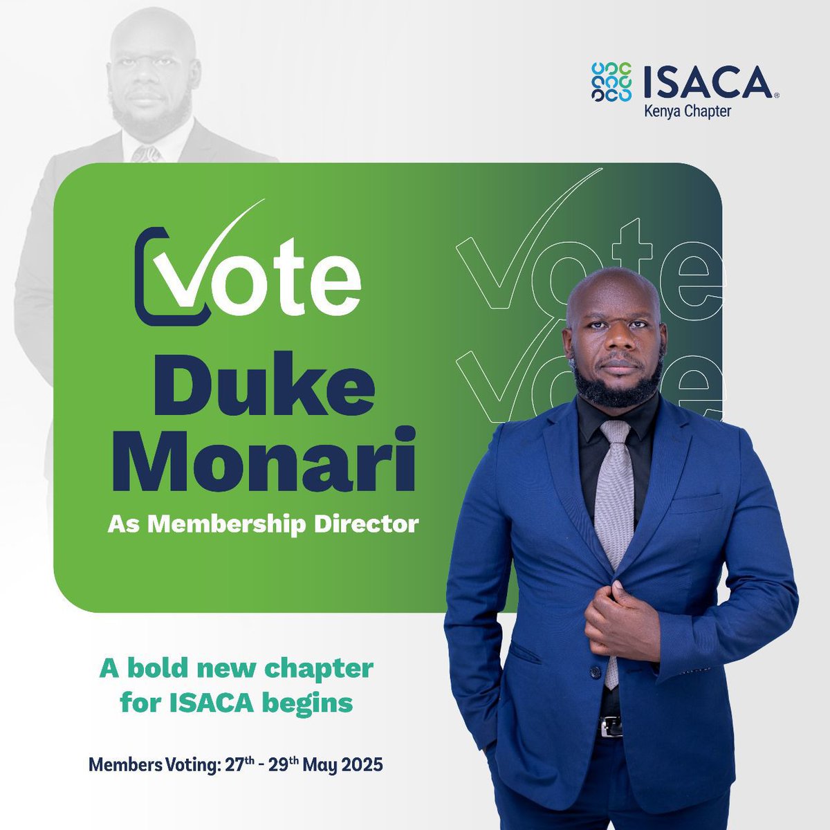 Duke Monari’s vision: Transform <a href="/Isaca_kenya/">ISACA KENYA CHAPTER</a> into a hub of empowered, connected professionals in tech risk, audit, and cybersecurity. Cast your vote for impact! #TheNameToRemember
Duke Monari
ISACA Kenya Chapter
<a href="/dukemonari/">duke Monari</a>
<a href="/Isaca_kenya/">ISACA KENYA CHAPTER</a>