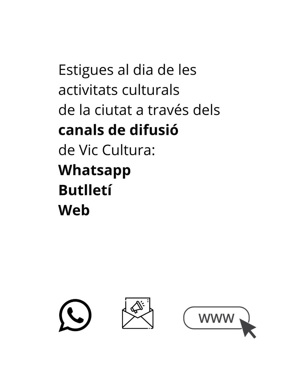 vic_cultura's tweet photo. ➡️ Quins són els canals de difusió de Vic Cultura?

📲 Whatsapp: uneix-te i no et perdis res
🔗 https://t.co/MnLgLnxx56
📩 Butlletí: subscriu-te i rep tota la informació
🔗 https://t.co/1CrSbU7gmw
🌐 Web: consulta l'agenda cultural
🔗 https://t.co/odWcRYLKOI

@aj_vic @BetPiella https://t.co/GDrHcgVR4n
