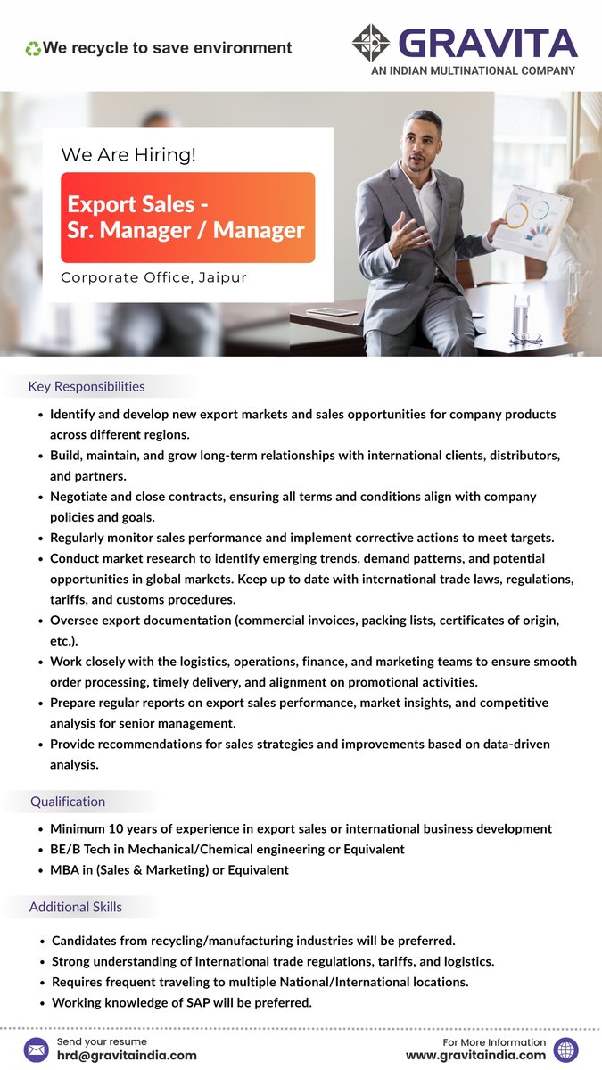 Gravita India Ltd. (@gravitaindialtd) on Twitter photo Take advantage of a high-growth opportunity
We're hiring! Join Gravita India as Export Sales Sr. Manager/Manager in Jaipur!
Ready to shape the future of sales? Apply now! Send your resume to HRD@gravitaindia.com
#CareerOpportunity #Sales #ExportSales #JobOpening #GravitaIndia Take advantage of a high-growth opportunity
We're hiring! Join Gravita India as Export Sales Sr. Manager/Manager in Jaipur!
Ready to shape the future of sales? Apply now! Send your resume to HRD@gravitaindia.com
#CareerOpportunity #Sales #ExportSales #JobOpening #GravitaIndia