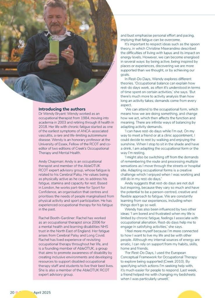 sportforconf's tweet photo. Our Lived Experience Lead &amp; #OccupationalTherapist, Andy Chapman, contributed his thoughts and experiences to a recent piece in #OTNews which focuses on 'Rest-Do Days' - an occupation-centred approach to self-management. 
Read the full article below.👇
@theRCOT #FatigueManagement https://t.co/u7H3NADZ9P