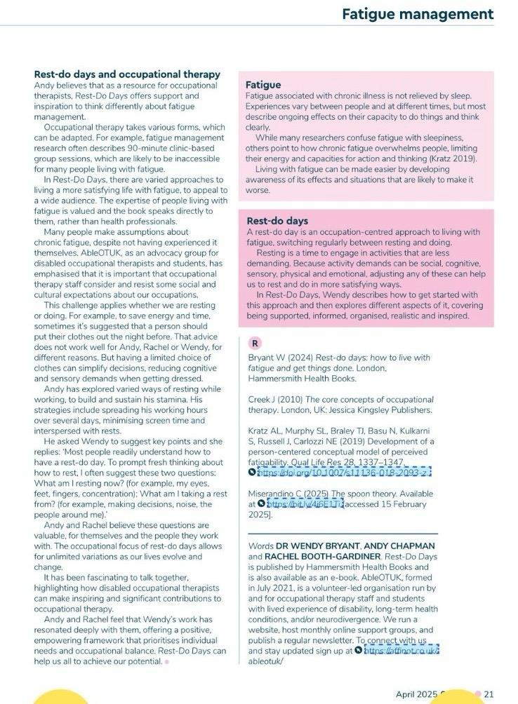 sportforconf's tweet photo. Our Lived Experience Lead &amp; #OccupationalTherapist, Andy Chapman, contributed his thoughts and experiences to a recent piece in #OTNews which focuses on 'Rest-Do Days' - an occupation-centred approach to self-management. 
Read the full article below.👇
@theRCOT #FatigueManagement https://t.co/u7H3NADZ9P