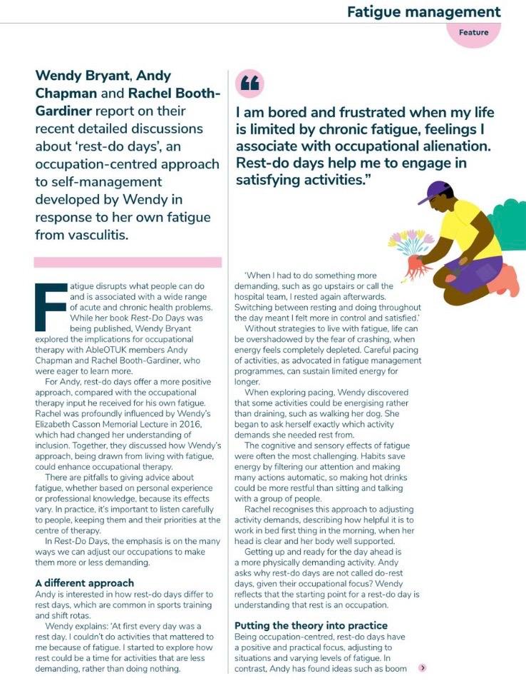 sportforconf's tweet photo. Our Lived Experience Lead &amp; #OccupationalTherapist, Andy Chapman, contributed his thoughts and experiences to a recent piece in #OTNews which focuses on 'Rest-Do Days' - an occupation-centred approach to self-management. 
Read the full article below.👇
@theRCOT #FatigueManagement https://t.co/u7H3NADZ9P