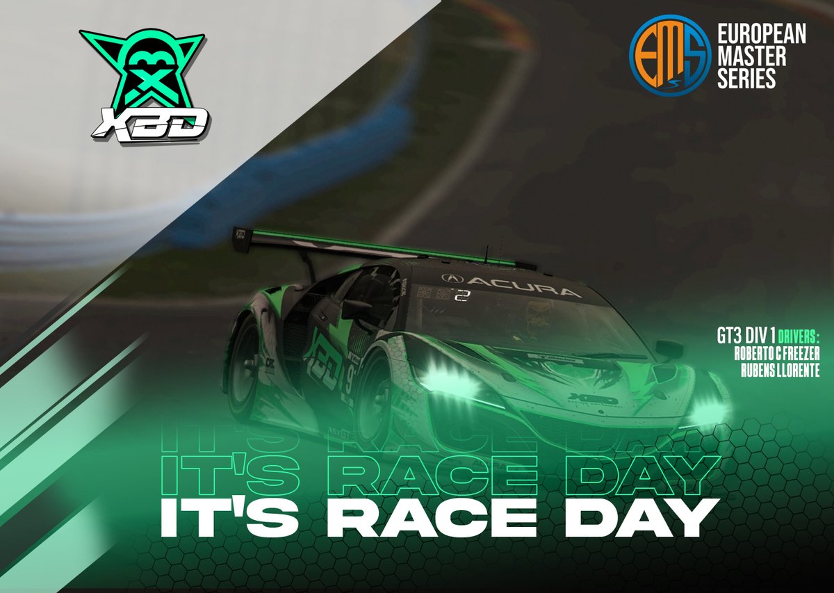 XBD RACING MOTORSPORT (@xbdracing) on Twitter photo ¡Día de carrera! Es día de <a href="/EMS_iRacing/">European Master Series</a> 💪
Hoy toca recuperar la carrera aplazada en Imola tras el gran apagón que afecto a toda España.
Nuestros pilotos 👇
👤 <a href="/IZer91/">Roberto C Freezer</a>
👤 <a href="/ROLL3RBALL/">Rubens Llorente</a>
📹 twitch.tv/ems_iracing
⏰ 22:30 Aprox
¡Mucha suerte chicos! 👀
#GreenPower #GoXBD ¡Día de carrera! Es día de <a href="/EMS_iRacing/">European Master Series</a> 💪
Hoy toca recuperar la carrera aplazada en Imola tras el gran apagón que afecto a toda España.
Nuestros pilotos 👇
👤 <a href="/IZer91/">Roberto C Freezer</a>
👤 <a href="/ROLL3RBALL/">Rubens Llorente</a>
📹 twitch.tv/ems_iracing
⏰ 22:30 Aprox
¡Mucha suerte chicos! 👀
#GreenPower #GoXBD