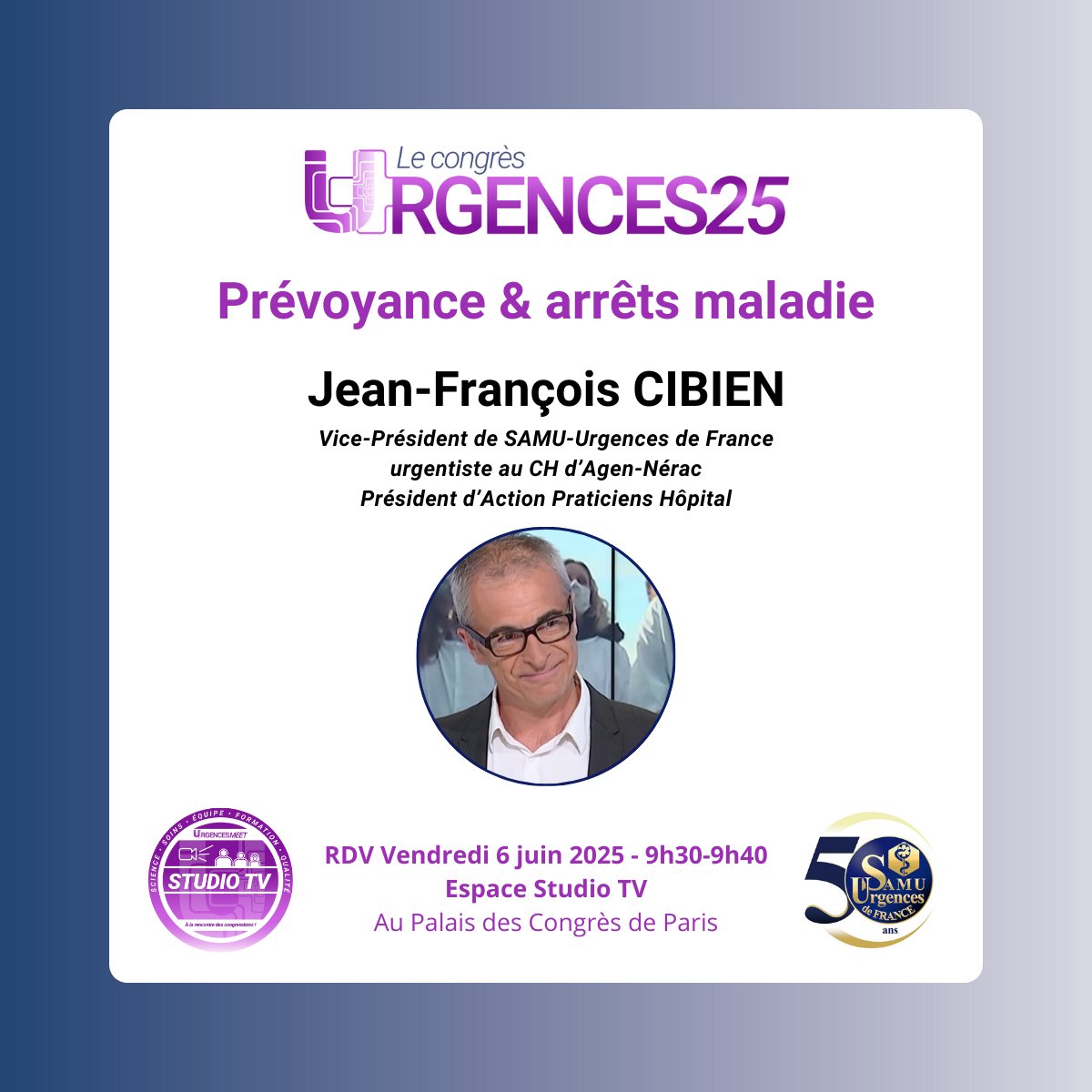 Samu-Urgences France (@sudf_officiel) on Twitter photo Pour tout savoir sur vos droits en matière de #prévoyance et d'arrêt maladie, rendez-vous avec le Dr Jean-François Cibien au <a href="/CongresUrgences/">Urgences Le Congrès</a>, vendredi 6 juin, à 9h30. 🗣️ #Urgences #médecine <a href="/ActionPratHop/">Action Praticiens Hopital</a> Pour tout savoir sur vos droits en matière de #prévoyance et d'arrêt maladie, rendez-vous avec le Dr Jean-François Cibien au <a href="/CongresUrgences/">Urgences Le Congrès</a>, vendredi 6 juin, à 9h30. 🗣️ #Urgences #médecine <a href="/ActionPratHop/">Action Praticiens Hopital</a>