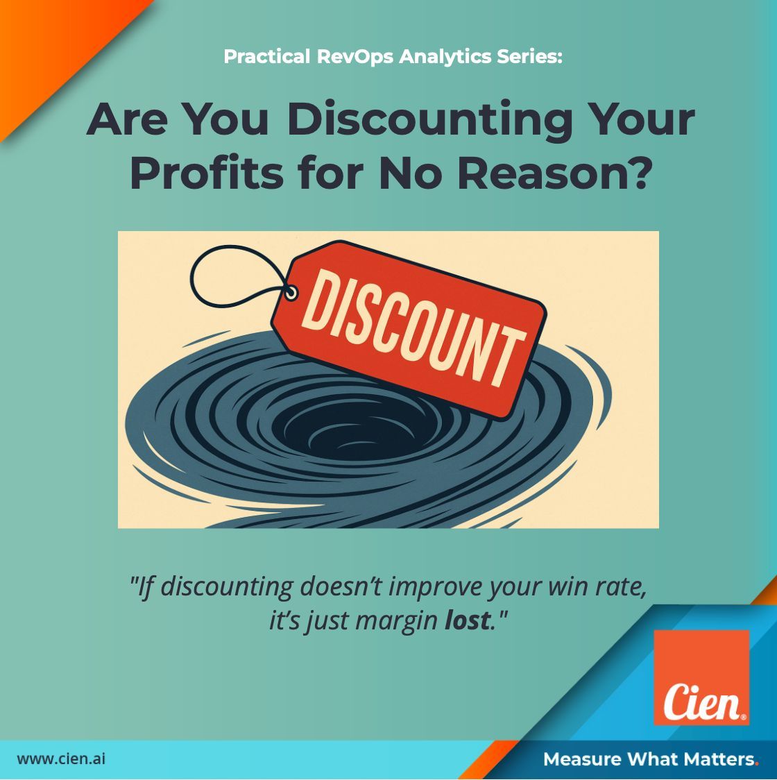 “Discounting isn’t evil — it’s essential.”

But excessive, blind discounting? That’s just margin leakage.

At Cien.ai, we help B2B sales teams understand exactly where discounting helps and stops making a difference.

Read all about it - buff.ly/Yxf3GCR
