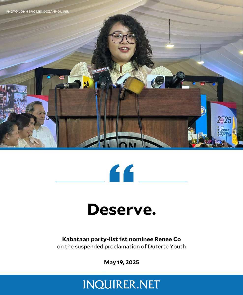This is the immediate reaction of Kabataan party-list first nominee Renee Co on the suspended proclamation of Duterte Youth. 

Kabataan is officially proclaimed by the Commission on Elections—unlike Duterte Youth. #VotePH2025 

READ RELATED STORY: inqnews.net/SdyRH9