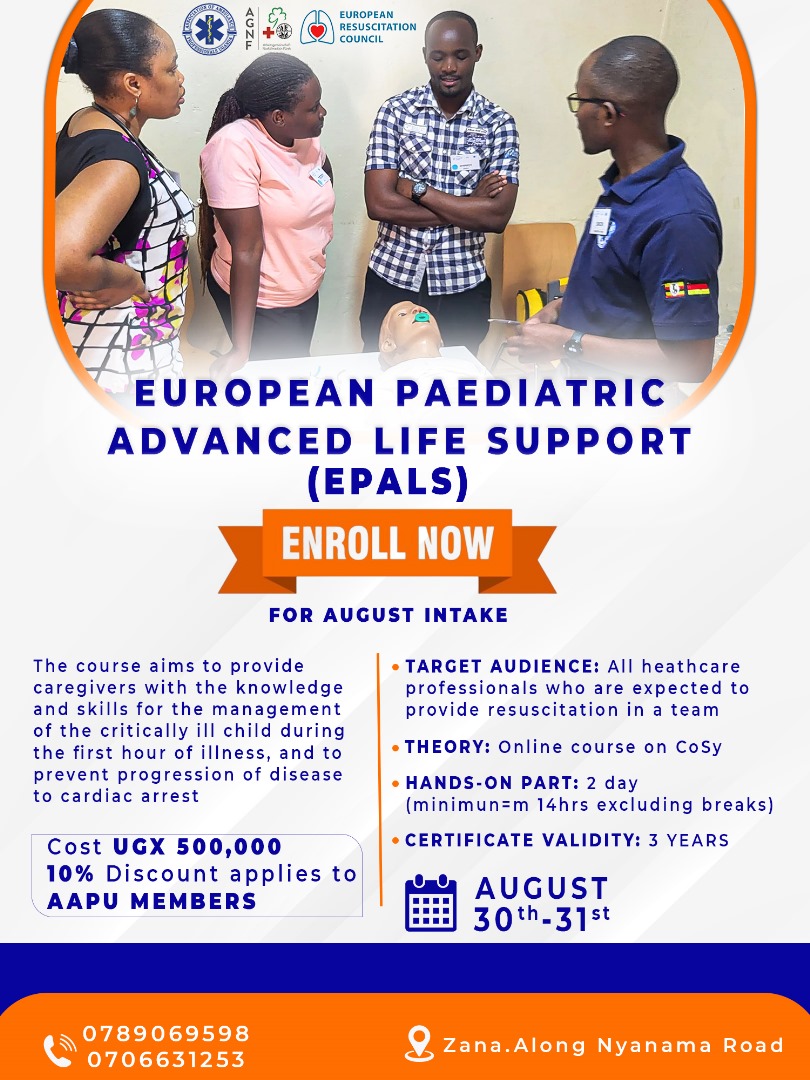 aapUganda's tweet image. 🚨 EPALS Training | 30–31 Aug 2025
📍 [AAPU EMS Training Centre - Zana] | 
⏰ 8AM–5PM
Join our hands-on Emergency Pediatric Advanced Life Support course 🩺👶
📝 Register now: forms.gle/KoWUEvMgNGaivu…

#EPALS #PediatricCare #MedicalTraining #LifeSavingSkills