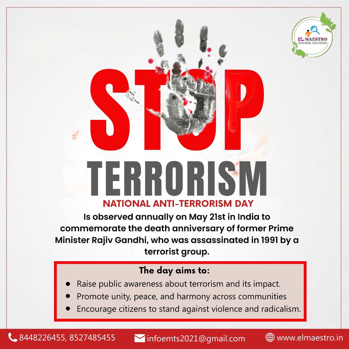 ElmaestroT94759's tweet image. At El Maestro Teaching Solutions, we stand united for peace, awareness, and education.
Let’s empower young minds with knowledge.

Contact us: 8448226455, 8527485455
📧 infoemts2021@gmail.com
🌐 elmaestro.in

#NationalAntiTerrorismDay #ElMaestroTeachingSolutions