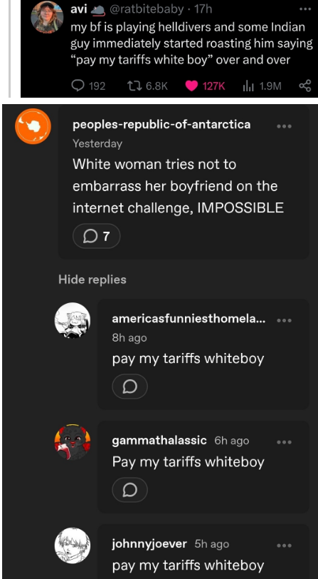 "Pay my tariffs whiteboy" will never not be funny 🤣🤣🤣