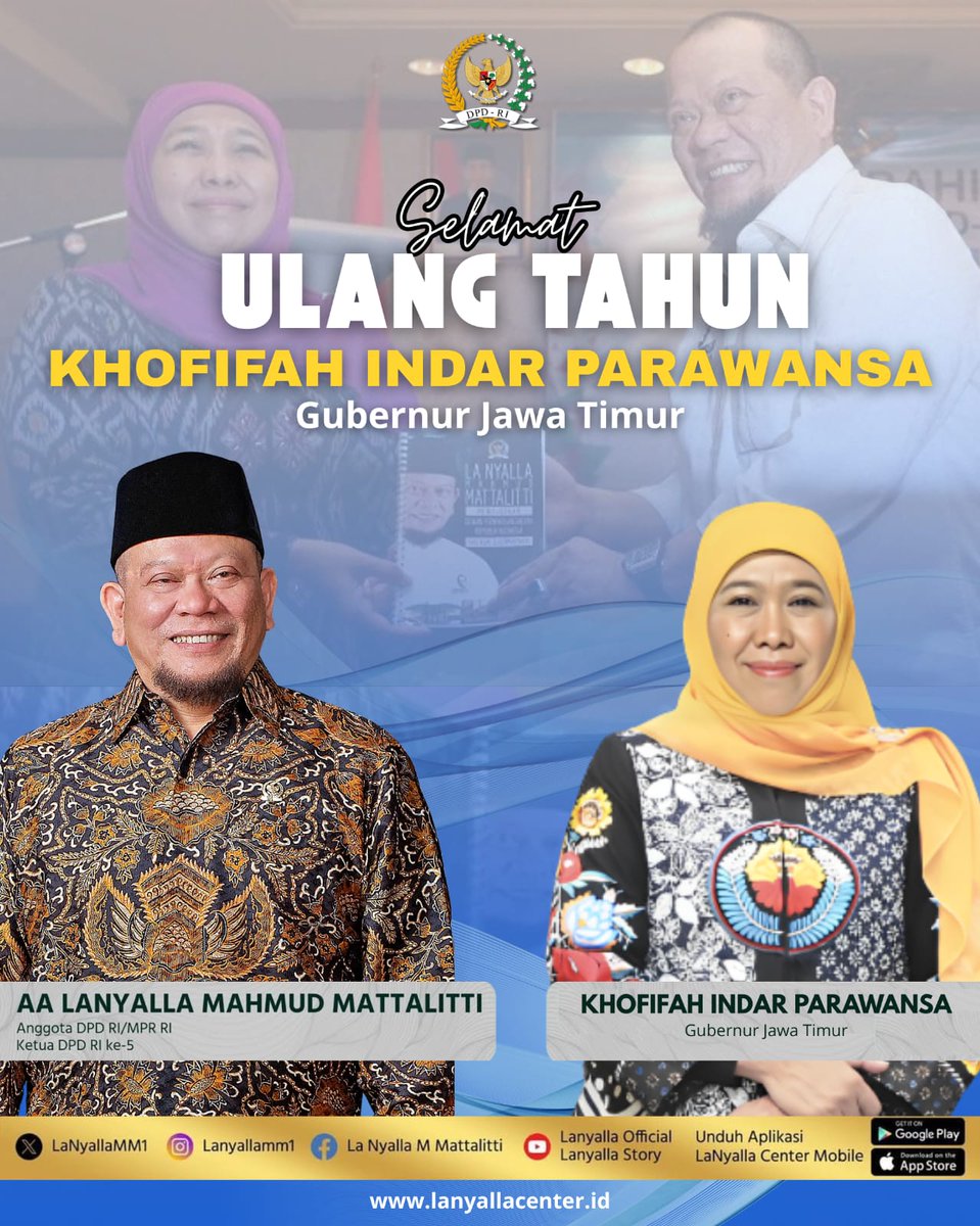 AA LaNyalla MM (@lanyallamm1) on Twitter photo Selamat Ulang Tahun Ibu <a href="/KhofifahIP/">Khofifah Indar Parawansa</a> Gubernur Jawa Timur
Semoga Senantiasa Sehat Walafiat diberikan kekuatan, serta dalam lindungan Allah SWT
Terimakasih atas dedikasinya dalam membawa Jawa Timur menjadi lebih baik.
#lanyalla #dpdri Selamat Ulang Tahun Ibu <a href="/KhofifahIP/">Khofifah Indar Parawansa</a> Gubernur Jawa Timur
Semoga Senantiasa Sehat Walafiat diberikan kekuatan, serta dalam lindungan Allah SWT
Terimakasih atas dedikasinya dalam membawa Jawa Timur menjadi lebih baik.
#lanyalla #dpdri