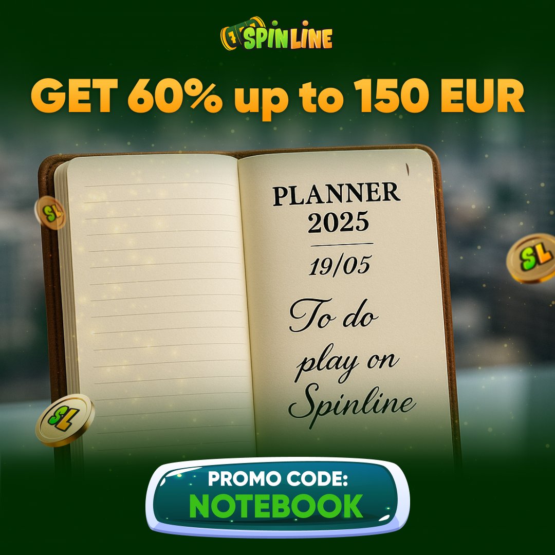 SpinlineCasino's tweet image. Today’s bonus is your next chapter — full of spins, fun, and magic.

💰 Deposit from: 30 EUR
🖊️ Promo code: NOTEBOOK
📕 Get 60% up to 150 EUR

✨ Claim yours now and write your own winning story.
bit.ly/4d4v7Tr

#SpinlineBonus #WriteToWin #SpinAndShine #MagicInEverySpin