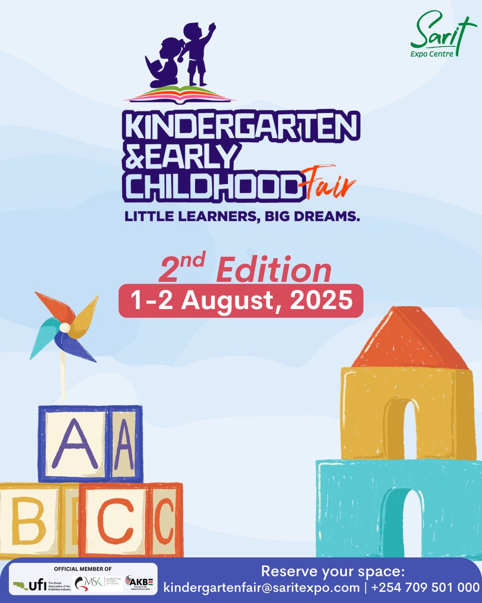 SaritThe's tweet image. Be part of the 2nd Edition of the Kindergarten &amp;amp; Early Childhood Fair — where education meets inspiration!
Dates: 1–2 August 2025
Venue: Sarit Expo Centre

📩 Email: kindergartenfair@saritexpo.com
📞 Call: +254 709 501 000

#ExhibitWithUs #KindergartenFair2025 #SaritExpoCentre