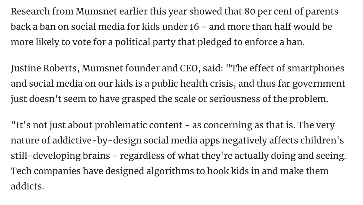 MumsnetTowers's tweet photo. 📢 Good to see our latest research quoted in this @TheScotsman piece - more than 80% of Mumsnet users support a ban on social media for u16s and more than half would be more likely to vote for a party that pledged such a ban 

📰 https://t.co/M9j77RMBbp

📱#RageAgainstTheScreen https://t.co/nnvSyBtYoM