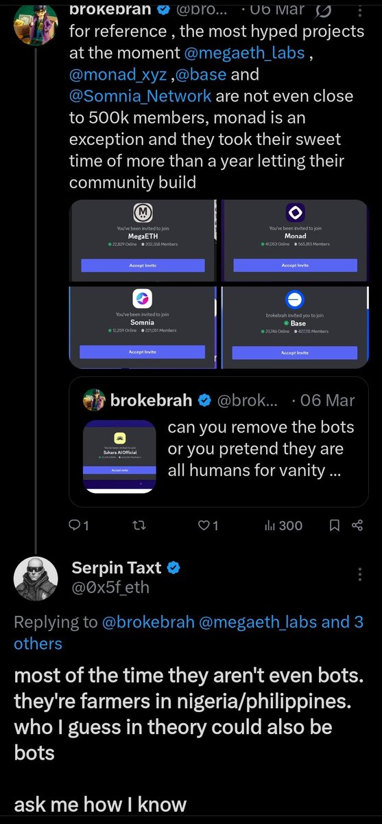 Smartecio's tweet photo. Since y'all defending this bad behaviour are trying to deviate from the real issues, let me rewind back with these summary.
Racist and Derogatory Remarks by Serpin Taxt (Ethos Founder) Against Nigerians on X:

While scrolling through X recently, I checked for updates about Ethos on the founder’s handle, as I do daily, and came across the derogatory tweets below. Initially, the first tweet seemed mild, but the comment section, particularly Serpin Taxt’s conversation with 
@WazzCrypto, revealed troubling remarks.
In the main tweet, Serpin posted:
"> airdrop NFT
4x spike in Nigerian users
🇳🇬🇳🇬🇳🇬" Link: https://t.co/KxcsJSQRw7
In the comments, @WazzCrypto replied:
"Honestly, they are kind of a plague. I helped a project a few years ago, and as soon as something hinting at free money was mentioned, they spread like a disease. They grew to like 90% of the Discord members and gamed all the contests in their favor. Very low-value users." Link: https://t.co/Oo8BcKy6QO
To my surprise, Serpin Taxt responded:
"Yup, 100%. I need a better sense of $ spent per person per country, heh." Link: https://t.co/0dE6rPLu3O
It didn’t end there. Another X user, @ebukaarcryppted, replied to Serpin, asking:
"Honest question: Deep down, do Nigerians in Web3 irritate you? What comes to your mind first when you hear the word ‘Nigerian’?" Link:https://t.co/UD2B2uxGQJ
Serpin’s response was: "Prince." 
Link: https://t.co/u6UoCgMbKv
This confirmed my view that he holds racist views. For clarity, "Nigerian prince" is an internet slur implying scammer or fraudster, rooted in scams that have unfairly tainted Nigeria’s image. Over the years, countless hardworking Nigerians have worked to dismantle this stereotype. It’s appalling for a founder to label an entire nationality as scammers. Many Nigerian Ethos users have invested hard-earned money and time delivering quality reviews, yet Serpin’s comment insinuates they are all fraudsters.
This uncalled-for statement was deeply upsetting. Billions are stolen in this industry monthly, rarely by Nigerians. The largest Sybil attacks uncovered often involve actors from Asia, Europe, or the Americas, yet no one broadly labels those demographics as "plagues" or "low-value users." Nigerians like Eman Abio, co-founder of Mysten Labs (behind Sui), have made significant contributions to Web3. Imagine how such individuals feel seeing these racist remarks about their nationality.
I called Serpin Taxt’s attention to these comments, but he refused to publicly apologize or rephrase his tweets for clarity, despite building a "reputation" platform. How can a founder champion reputation while showing no respect for an entire nationality? This behavior must not be tolerated, as it sets a dangerous precedent. Web3, inspired by Satoshi’s vision for Bitcoin, stands for inclusivity, access, freedom, privacy, and respect—values Serpin undermines.
In light of these developments, I believe those who oppose racism in our industry will support this action to condemn his behavior.
Below is additional evidence that Serpin Taxt’s remarks target Nigerians broadly, not just bad actors, as he claims.
On March 6, 2025, 
@brokebrah tweeted:
"For reference, the most hyped projects at the moment—
@megaeth
, 
@monad_xyz
, 
@base
, and 
@Somnia_Network
are not even close to 500k members. Monad is an exception, and they took over a year to build their community." Link:https://t.co/egke1pAGFz
Serpin replied:
"Most of the time, they aren’t even bots. They’re farmers in Nigeria/Philippines, who I guess, in theory, could also be bots. Ask me how I know." Link:https://t.co/jaLAuw1q8v
Another instance: 
@0x_ultra
 tweeted:
"꧁IP꧂ usernames are all over my feed, and 
@StoryProtocol
 recently announced its tokenomics and plans. It seems like most of the community comes from Asian markets. Can anyone explain why we need an intellectual property chain and why you’re bullish on Story? I just don’t see it. Links to breakdown threads and TLDRs are much appreciated." Link: https://t.co/ModxnzRrmu
Serpin responded:
"As a current founder who has had their protocol farmed, I can tell you without a doubt these IP username farmers are in Nigeria. Same with CLONE and the puzzle piece one." Link: https://t.co/RIcGB8ndZU
Repeatedly, Serpin singles out Nigerians as "farmers" across different tweets, ignoring that every region has bad actors. This gaslighting and targeted attacks on the Nigerian community cannot be ignored. 
Fighting bad actors is a collective responsibility. We must call them out directly, regardless of nationality, without generalizing entire demographics as scammers