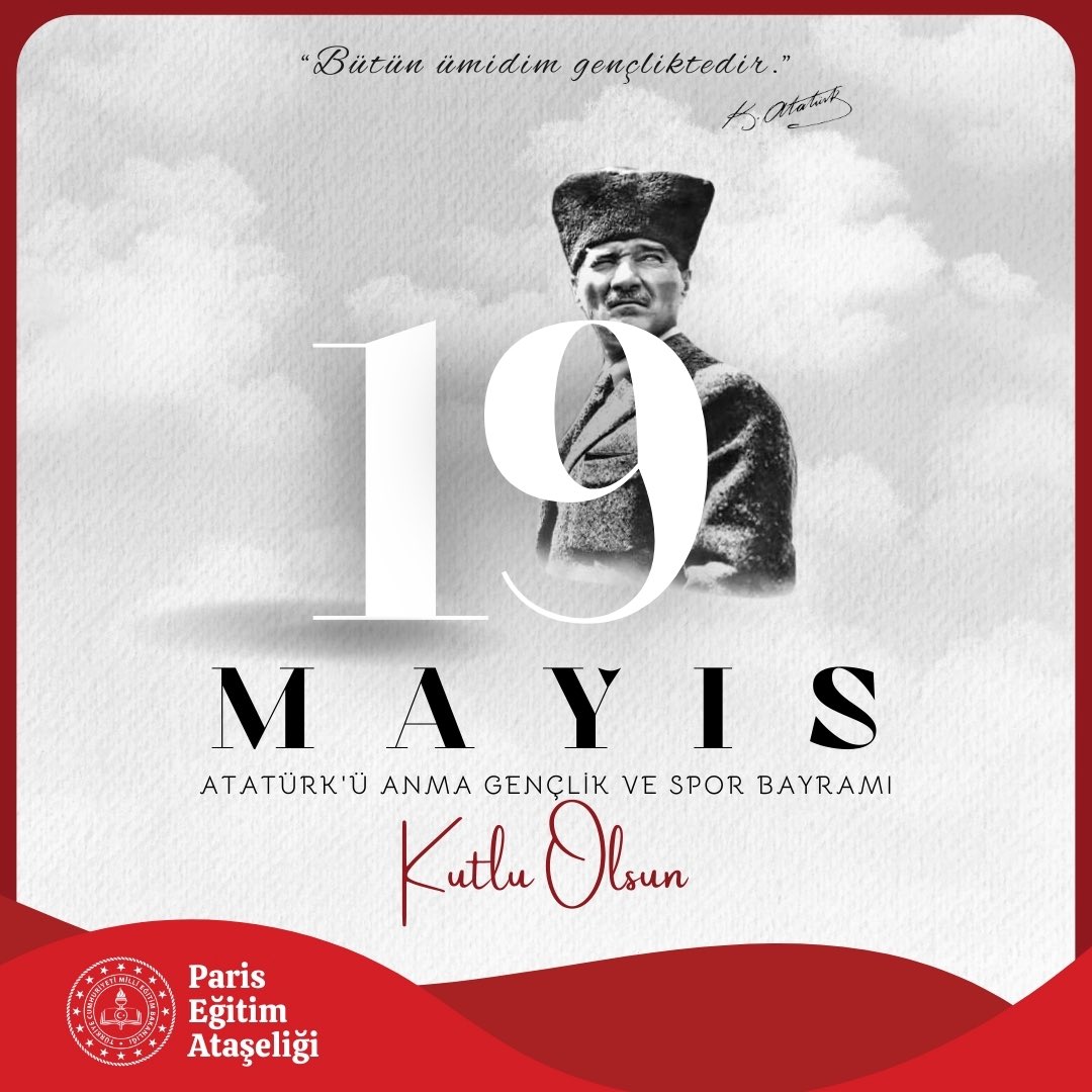 Paris Eğitim Ataşeliği (@parisegitim) on Twitter photo Gazi Mustafa Kemal Atatürk’ün başlattığı bağımsızlık mücadelesinin simgesi 19 Mayıs Atatürk’ü Anma, Gençlik ve Spor Bayramı kutlu olsun!
Başta Ulu Önder Mustafa Kemal Atatürk olmak üzere tüm kahramanlarımızı saygı ve minnetle anıyoruz. 🇹🇷
<a href="/tcmeb/">Millî Eğitim Bakanlığı</a>
<a href="/mebyyegm/">Yükseköğretim ve Yurt Dışı Eğitim Genel Müdürlüğü</a> Gazi Mustafa Kemal Atatürk’ün başlattığı bağımsızlık mücadelesinin simgesi 19 Mayıs Atatürk’ü Anma, Gençlik ve Spor Bayramı kutlu olsun!
Başta Ulu Önder Mustafa Kemal Atatürk olmak üzere tüm kahramanlarımızı saygı ve minnetle anıyoruz. 🇹🇷
<a href="/tcmeb/">Millî Eğitim Bakanlığı</a>
<a href="/mebyyegm/">Yükseköğretim ve Yurt Dışı Eğitim Genel Müdürlüğü</a>