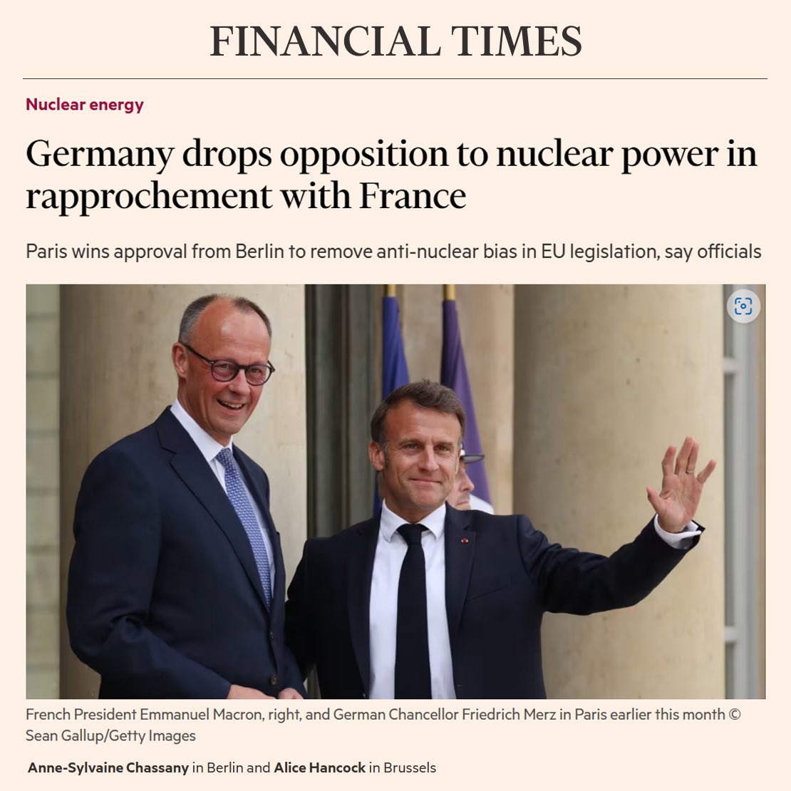 BREAKING: Germany drops its decade-old anti-nuclear stance. 

In a statement to the <a href="/FT/">Financial Times</a>, German and French officials confirm Germany will no longer oppose nuclear in EU energy policy. A historic shift!

Long live Germany’s anti-nuclear stance… you will not be missed