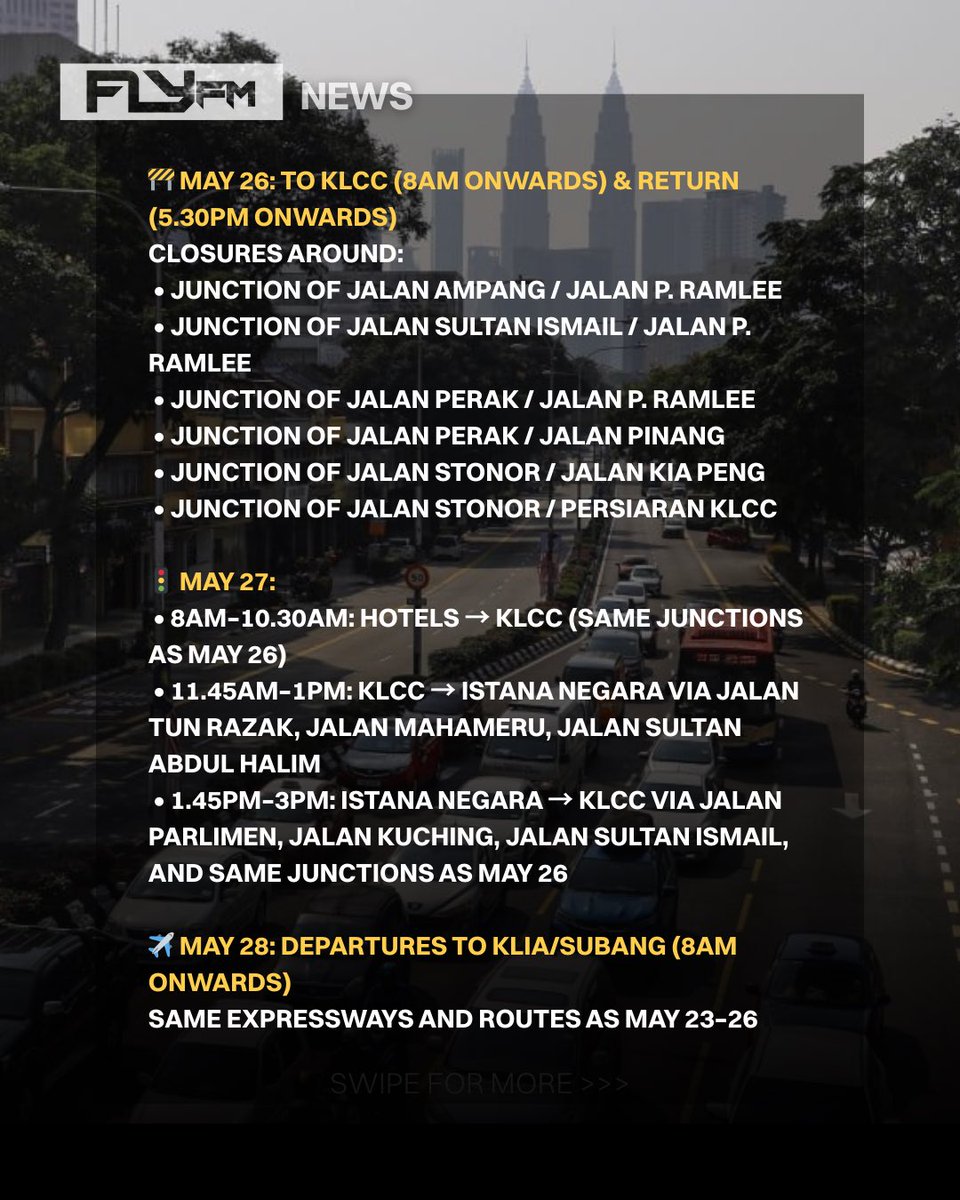 FlyFM958's tweet photo. 🚧 Klang Valley drivers, heads up! Major road closures &amp; diversions for the ASEAN Summit from May 23–28, 8am–8pm. 6 expressways &amp; 25 roads affected. Avoid peak hours, use public transport. Dry run happening May 21–22. Full schedule below.

Source: The Star https://t.co/OLjFDRta39