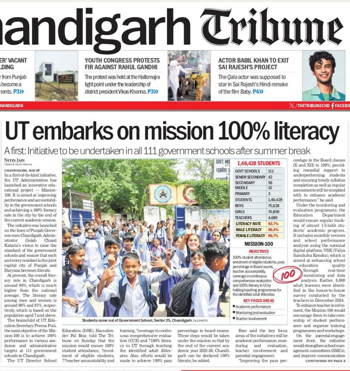 nitinthetribune's tweet photo. #TheTribuneChandigarh

#education

#ChandigarhAdministration #embarks on Mission-100 to achieve 100% #literacy in #Chandigarh by end of this #academicsession 

Page 1 lead in today's Chandigarh Tribune 
The Tribune 
@thetribunechd

@Gulab_kataria 

https://t.co/C5MvaxJtdf https://t.co/Q5OXIZn00r