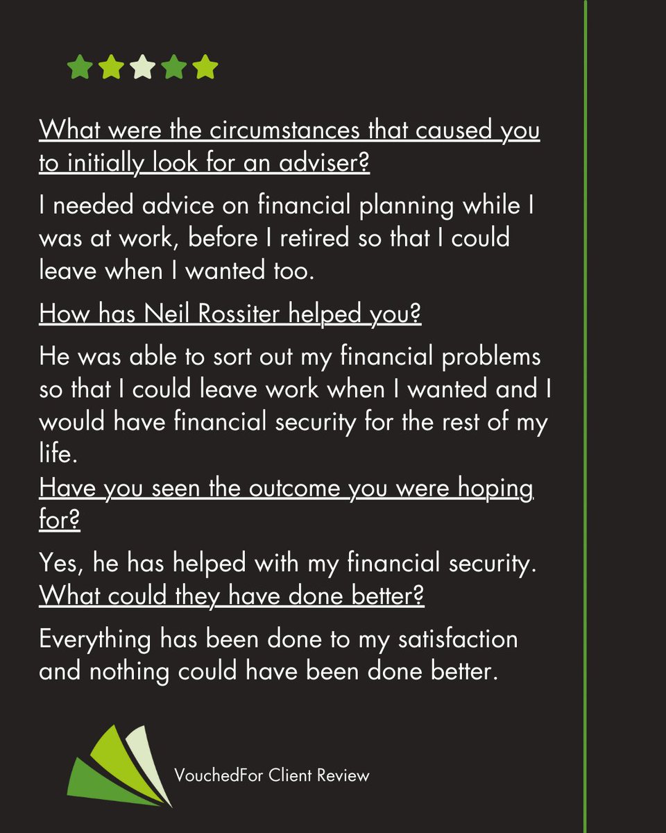 ⭐⭐⭐⭐⭐ An outstanding VouchedFor client review for Neil Rossiter, what a brilliant way to begin the week! 🥳

We are so proud of our team and the effort they go to to ensure our clients receive the very best service possible. Fantastic work, everyone! 👏

#BlackdownFinancial