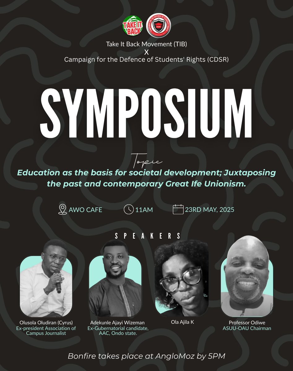 Campaign for the Defence of Students' Rights (@cdsr_nigeria) on Twitter photo We are in a time of national crises. Education is under attack. What can we learn from the history of the students’ movement? How do we defend education as a right against a government has launched neoliberal attacks against it?
Join us & <a href="/TIBmovement/">Take it back Movement</a> on the 23rd at Awo Cafe OAU. We are in a time of national crises. Education is under attack. What can we learn from the history of the students’ movement? How do we defend education as a right against a government has launched neoliberal attacks against it?
Join us & <a href="/TIBmovement/">Take it back Movement</a> on the 23rd at Awo Cafe OAU.
