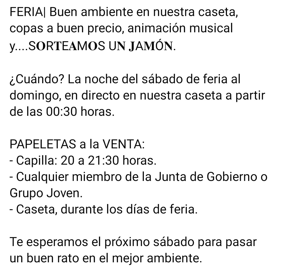 HdadAmarguraDH's tweet photo. FERIA| Buen ambiente en nuestra caseta, copas a buen precio, animación musical y....S𝐎R𝐓E𝐀M𝐎S U𝐍 𝐉A𝐌Ó𝐍. 

¿Cuándo? La noche del sábado de feria al domingo, en directo en nuestra caseta a partir de las 00:30 horas.

+ Info: imágenes adjuntas. https://t.co/ffSvjWRCi0