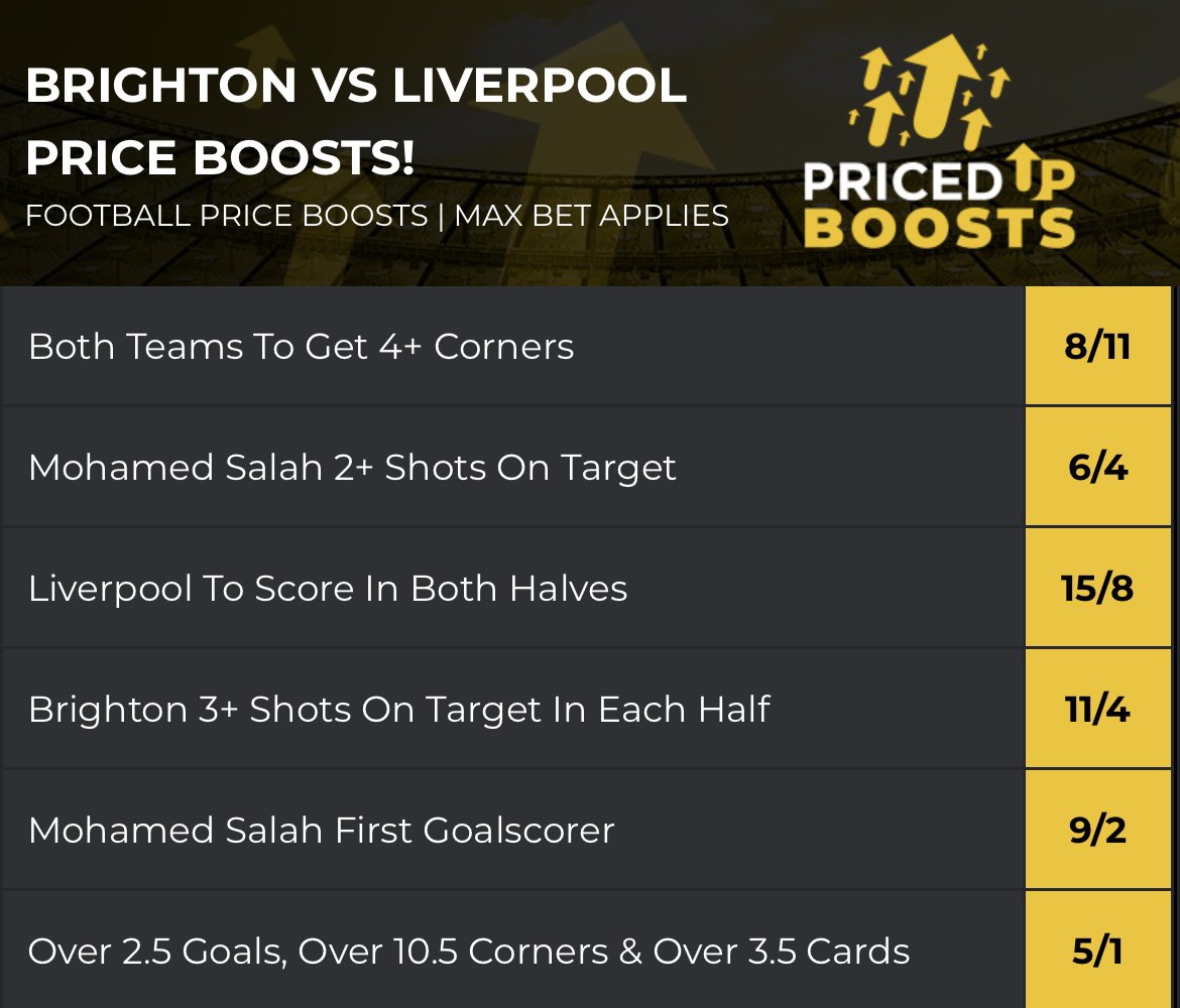 BRIGHTON VS LIVERPOOL
PRICE BOOSTS! 🤩⚽️

pricedup.bet 18+ GambleAware