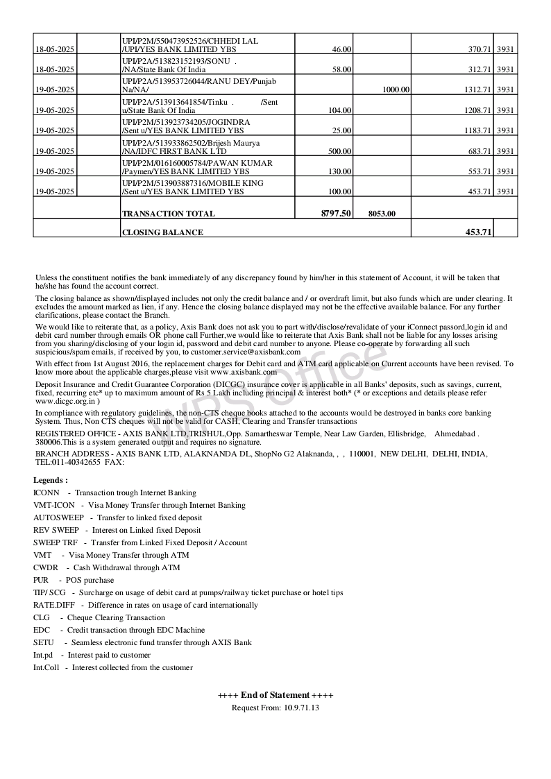 Barsan01's tweet photo. @SwiggyInstamart @jagograhakjago @RBI Attached is my bank #Statement where deduction is clearly visible but your #refund is not there @SwiggyInstamart @jagograhakjago @RBI @AxisBankSupport https://t.co/GkSevcRkDE