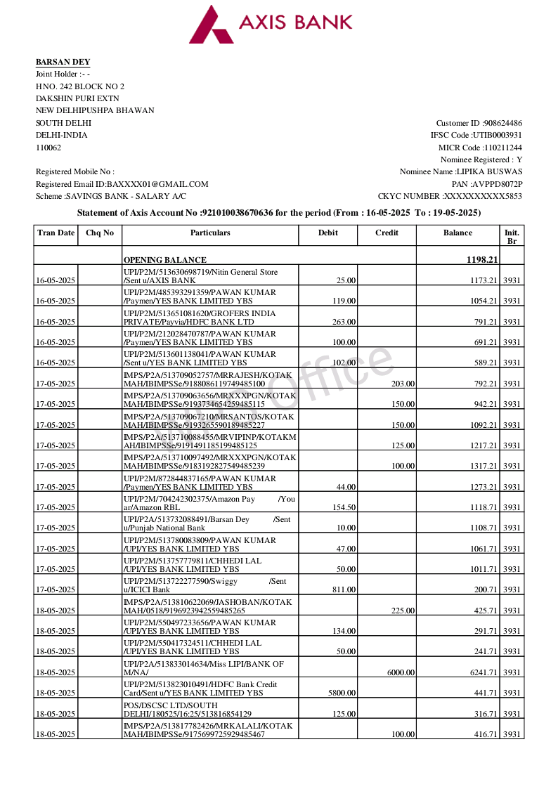 Barsan01's tweet photo. @SwiggyInstamart @jagograhakjago @RBI Attached is my bank #Statement where deduction is clearly visible but your #refund is not there @SwiggyInstamart @jagograhakjago @RBI @AxisBankSupport https://t.co/GkSevcRkDE
