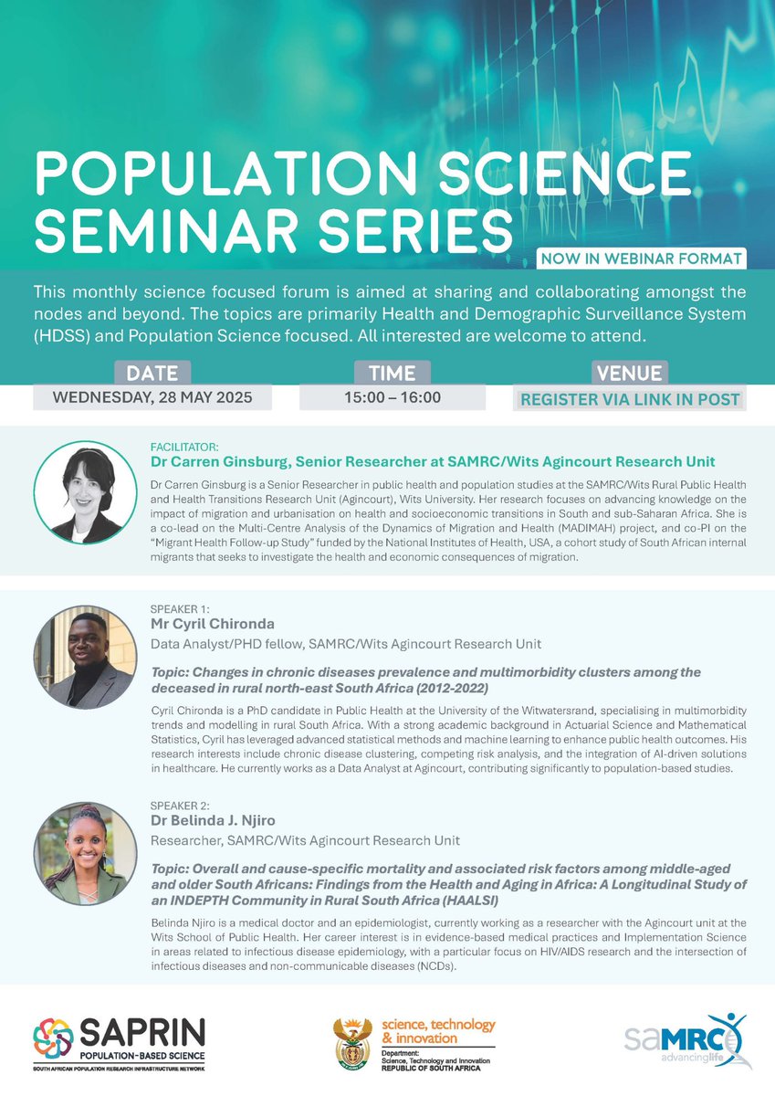 SAPRIN (@saprin_mrc) on Twitter photo Join us for the May SAPRIN Population Science Seminar Series webinar. Mr Cyril Chironda & Dr Belinda Njiro from the SAMRC/Wits Agincourt Research unit are scheduled to present. All interested are welcome. Register here samrc.ac.za/event/saprin-p…
<a href="/MRCza/">SAMRC</a> <a href="/dstigovza/">DEPARTMENT OF SCIENCE,TECHNOLOGY & INNOVATION</a> Join us for the May SAPRIN Population Science Seminar Series webinar. Mr Cyril Chironda & Dr Belinda Njiro from the SAMRC/Wits Agincourt Research unit are scheduled to present. All interested are welcome. Register here samrc.ac.za/event/saprin-p…
<a href="/MRCza/">SAMRC</a> <a href="/dstigovza/">DEPARTMENT OF SCIENCE,TECHNOLOGY & INNOVATION</a>