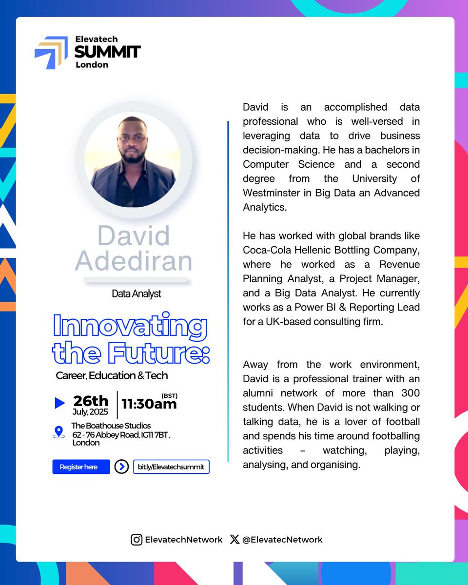David Ade (@dayveed_ade) on Twitter photo I’m inviting you to Elevatech Summit London 2025. Organized by <a href="/ElevatecNetwork/">Elevatech Network</a>
Theme - Beyond the Code: Thriving in Non-Coding Careers in Tech
I’ll be speaking on one of the panel sessions. But I’ll also be learning from other top professionals present.
It’ll be a very good I’m inviting you to Elevatech Summit London 2025. Organized by <a href="/ElevatecNetwork/">Elevatech Network</a>
Theme - Beyond the Code: Thriving in Non-Coding Careers in Tech
I’ll be speaking on one of the panel sessions. But I’ll also be learning from other top professionals present.
It’ll be a very good