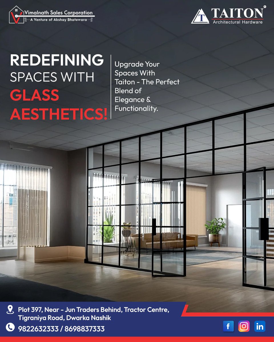 vimalnathsales's tweet photo. Redefining Spaces with Glass Aesthetics!
Transform your interiors with Taiton by Vimalnath Sales Corporation 
📍 Plot 397, Near Jun Traders Behind Tractor Centre, Tigraniya Road, Dwarka, Nashik
📞 9822632333 / 8698837333

#VimalnathSalesCorporation #TaitonHardware #GlassElegance https://t.co/oxIWvb3E3C