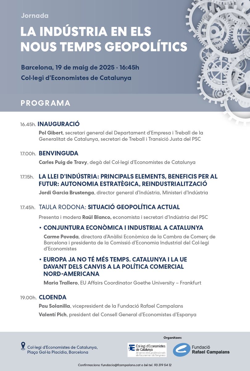 Fundació Campalans (@fcampalans) on Twitter photo AVUI❗️LA INDÚSTRIA EN ELS NOUS TEMPS GEOPOLÍTICS🔵
Vine a reflexionar sobre la nova Llei d’Indústria, la reindustrialització i els reptes globals🌍
🗓️19 maig 16:45h
📍Col·legi Economistes de Catalunya (P/ Gal·la Placídia 32 BCN)
Assistència fundacio@fcampalans.cat/93 319 54 12 AVUI❗️LA INDÚSTRIA EN ELS NOUS TEMPS GEOPOLÍTICS🔵
Vine a reflexionar sobre la nova Llei d’Indústria, la reindustrialització i els reptes globals🌍
🗓️19 maig 16:45h
📍Col·legi Economistes de Catalunya (P/ Gal·la Placídia 32 BCN)
Assistència fundacio@fcampalans.cat/93 319 54 12