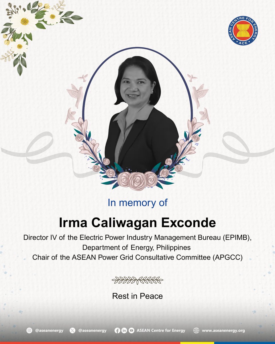 aseanenergy's tweet photo. The ASEAN Centre for Energy is deeply saddened by the passing of Director Irma Caliwagan Exconde, Director IV of the Electric Power Industry Management Bureau (EPIMB), Department of Energy, Philippines (@DOEgovph), and Chair of the ASEAN Power Grid Consultative Committee (APGCC). https://t.co/ayfejkUJhg