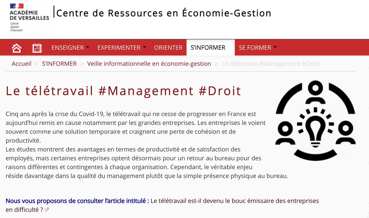 éduscol Eco Gestion (@eduscol_eg) on Twitter photo 📢 Retrouvez cet article de veille proposé par le <a href="/CREG_Versailles/">CREG Versailles</a> qui aborde la thématique du télétravail après la crise de la Covid-19. Notion étudiée tant dans le programme de MSGN que dans celui de Droit en terminale STMG.
👉 creg.ac-versailles.fr/le-teletravail… 📢 Retrouvez cet article de veille proposé par le <a href="/CREG_Versailles/">CREG Versailles</a> qui aborde la thématique du télétravail après la crise de la Covid-19. Notion étudiée tant dans le programme de MSGN que dans celui de Droit en terminale STMG.
👉 creg.ac-versailles.fr/le-teletravail…